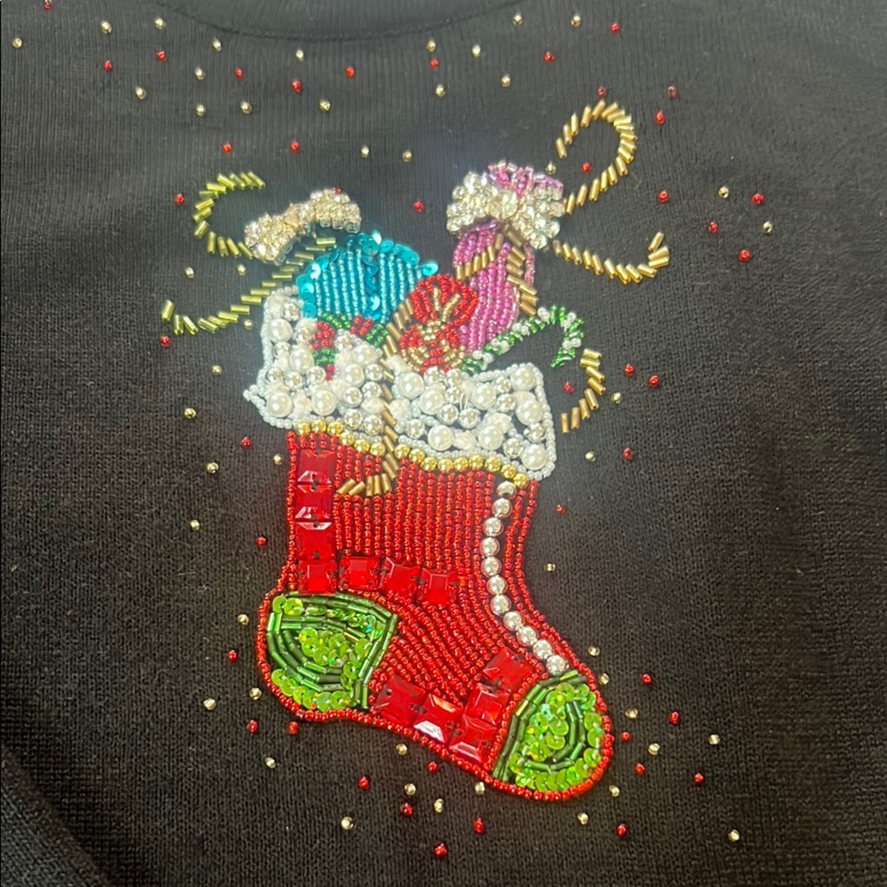 Vintage Just B Black Holiday Sweater with Colorful Sequin Stocking - Picture 2 of 9